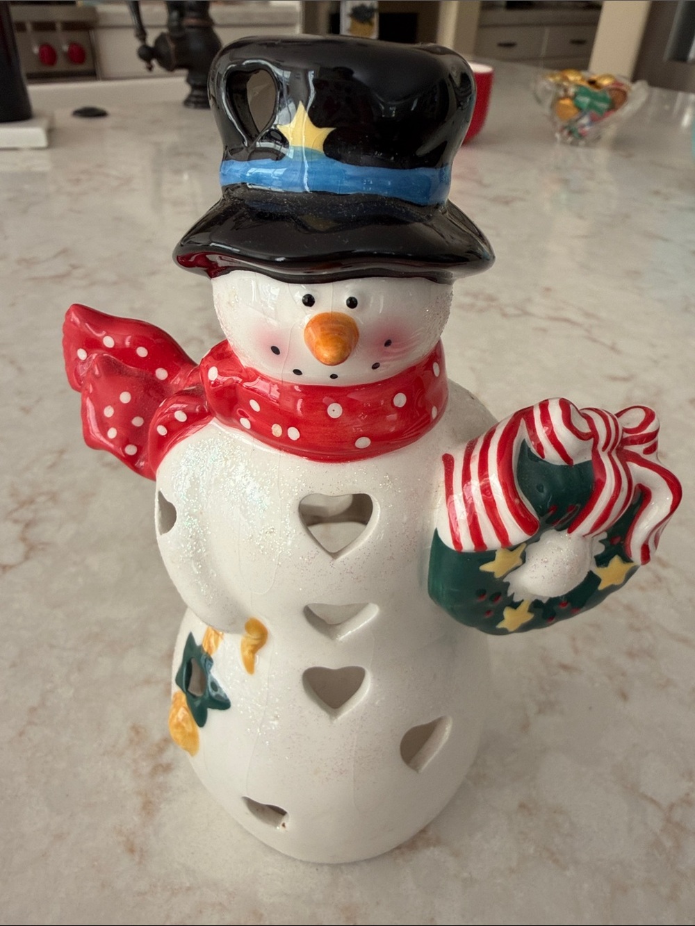 Festive Ceramic Snowman votive candle holder with Heart Cutouts - Red Scarf